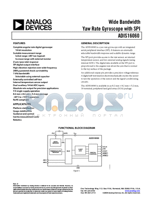 ADIS16060 datasheet - Wide Bandwidth Yaw Rate Gyroscope with SPI