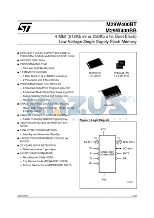 M29W400BB120M1 datasheet - 4 Mbit (512Kb x8 or 256Kb x16, Boot Block) Low Voltage Single Supply Flash Memory