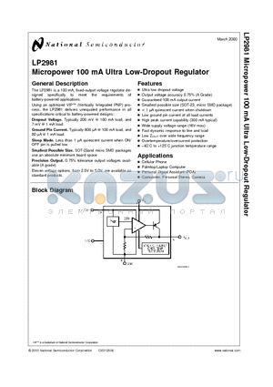 LP2981 datasheet - Micropower 100 mA Ultra Low-Dropout Regulator