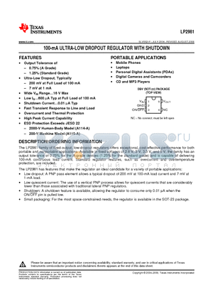 LP2981-30DBVT datasheet - 100-mA ULTRA-LOW DROPOUT REGULATOR WITH SHUTDOWN