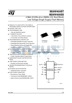 M29W400BB70M1T datasheet - 4 Mbit 512Kb x8 or 256Kb x16, Boot Block Low Voltage Single Supply Flash Memory