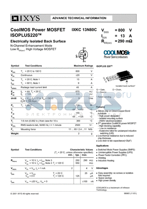 IXKC13N80C datasheet - CoolMOS Power MOSFET ISOPLUS220