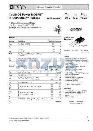 IXKR40N60 datasheet - CoolMOS Power MOSFET in ISOPLUS247 Package