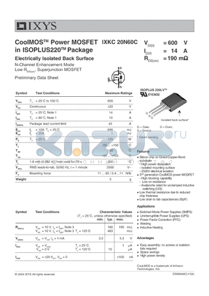 IXKC20N60C datasheet - CoolMOS Power MOSFET in ISOPLUS220 Package