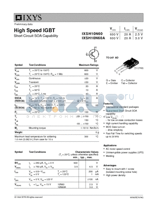 IXSH10N60A datasheet - High Speed IGBT - Short Circuit SOA Capability