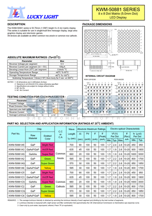 KWM-50881A3 datasheet - 8 x 8 Dot Matrix (5.0mm Dot) LED Display