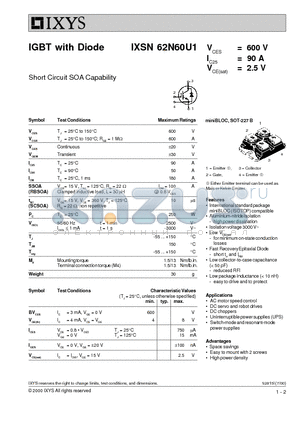 IXSN62N60U1 datasheet - IGBT with Diode - Short Circuit SOA Capability