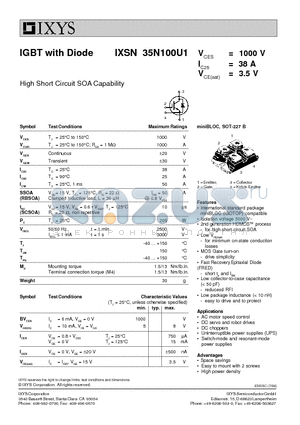 IXSN35N100U1 datasheet - IGBT with Diode - High Short Circuit SOA Capability