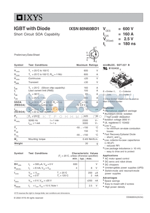 IXSN80N60BD1 datasheet - IGBT with Diode Short Circuit SOA Capability