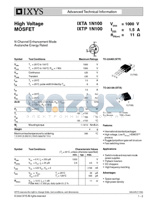 IXTA1N100 datasheet - High Voltage MOSFET