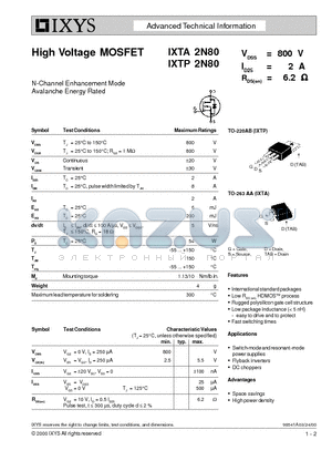 IXTA2N80 datasheet - High Voltage MOSFET