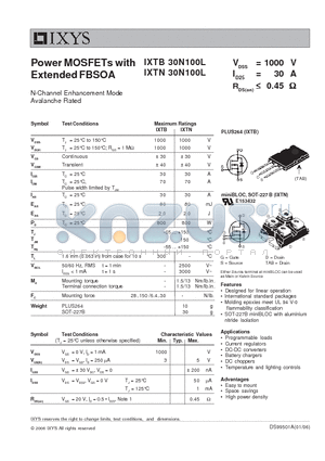 IXTB30N100L datasheet - Power MOSFETs with Extended FBSOA