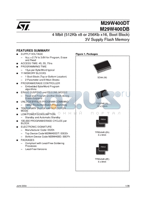 M29W400DB45ZA1E datasheet - 4 Mbit (512Kb x8 or 256Kb x16, Boot Block) 3V Supply Flash Memory