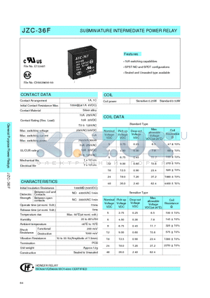 JZC-36F012HSLN datasheet - SUBMINIATURE INTERMEDIATE POWER RELAY