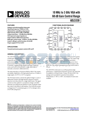 ADL5330 datasheet - 1 MHz - 3 GHz VGA with 60dB Gain Control Range