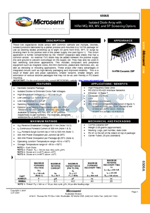 6506A datasheet - Isolated Diode Array with HiRel MQ, MX, MV, and SP Screening Options