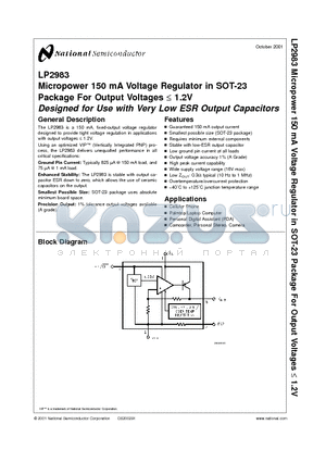 LP2983IM5-1.2 datasheet - Micropower 150 mA Voltage Regulator in SOT-23 Package For Output Voltages 1.2V Designed for Use with Very Low ESR Output Capacitors