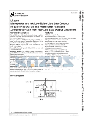 LP2985 datasheet - Micropower 150 mA Low-Noise Ultra Low-Dropout Regulator Designed for Use with Very Low ESR Output Capacitors