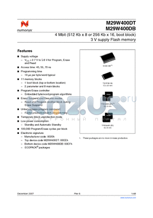 M29W400DB45ZA1F datasheet - 4 Mbit (512 Kb x 8 or 256 Kb x 16, boot block) 3 V supply Flash memory