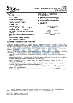 LP2985-25DBVR datasheet - 150-mA LOW-NOISE LOW-DROPOUT REGULATOR WITH SHUTDOWN