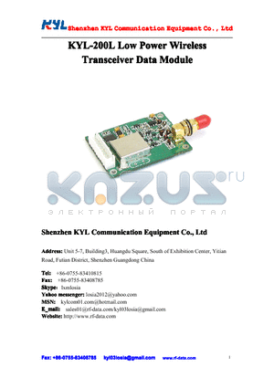 KYL-200L-192 datasheet - KYL-200L Low PowerWireless Transceiver DataModule