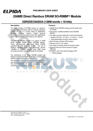 EBR25EC8ABSA datasheet - 256MB Direct Rambus DRAM SO-RIMM Module