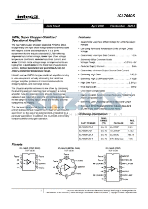 ICL7650SCTV-1 datasheet - 2MHz, Super Chopper-Stabilized Operational Amplifier
