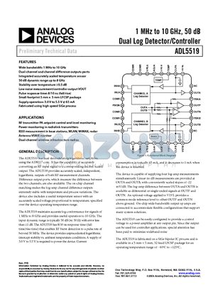 ADL5519ACPZ-R7 datasheet - 1 MHz to 10 GHz, 50 dB Dual Log Detector/Controller