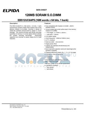 EBS12UC6APS-7A datasheet - 128MB SDRAM S.O.DIMM