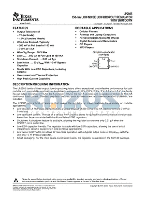 LP2985-50DBVT datasheet - 150-mA LOW-NOISE LOW-DROPOUT REGULATOR WITH SHUTDOWN