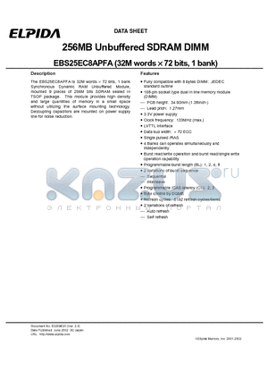 EBS25EC8APFA-7A datasheet - 256MB Unbuffered SDRAM DIMM