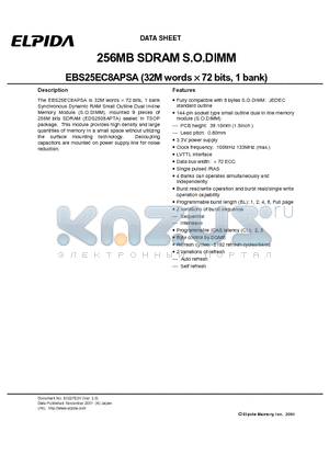 EBS25EC8APSA-80 datasheet - 256MB SDRAM S.O.DIMM