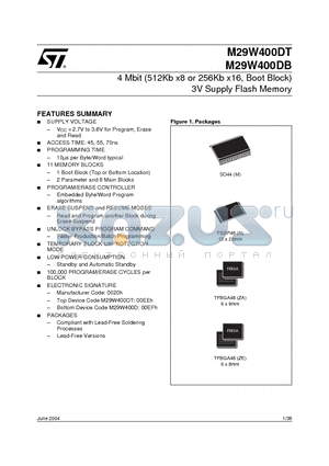 M29W400DT datasheet - 4 Mbit (512Kb x8 or 256Kb x16, Boot Block) 3V Supply Flash Memory