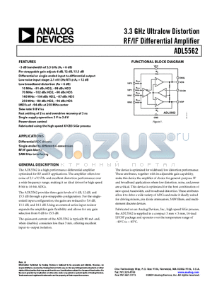 ADL5562ACPZ-R7 datasheet - 3.3 GHz Ultralow Distortion RF/IF Differential Amplifier