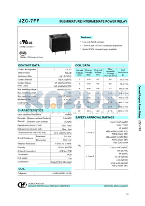 JZC-7FF0061ZS datasheet - SUBMINIATURE INTERMEDIATE POWER RELAY