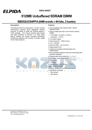 EBS52UC8APFA-7A datasheet - 512MB Unbuffered SDRAM DIMM