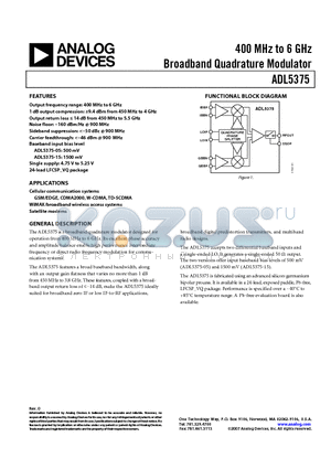 ADL5375-15-EVALZ1 datasheet - 400 MHz to 6 GHz Broadband Quadrature Modulator