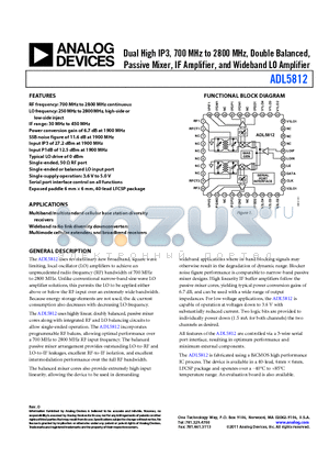ADL5812-EVALZ datasheet - Dual High IP3, 700 MHz to 2800 MHz, Double Balanced, Passive Mixer, IF Amplifier, and Wideband LO Amplifier