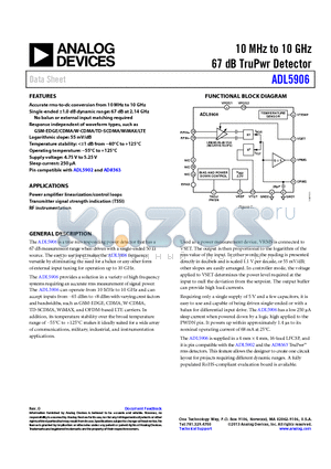 ADL5906 datasheet - 10 MHz to 10 GHz 67 dB TruPwr Detector