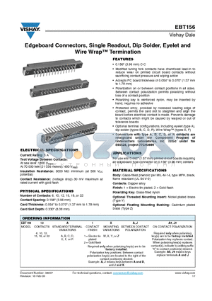 EBT15610C1XAA9 datasheet - Edgeboard Connectors, Single Readout, Dip Solder, Eyelet and Wire Wrap Termination