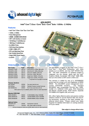 ADL945PC datasheet - Duo / Core Solo: 1.0GHz - 2.16GHz