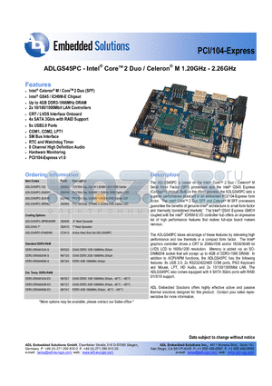 ADLGS45PC-SU9300 datasheet - Intel Core 2 Duo / Celeron M 1.20GHz - 2.26GHz