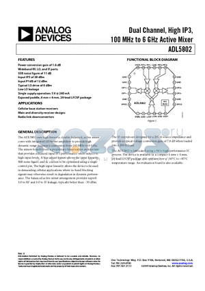 ADL5802 datasheet - Dual Channel, High IP3, 100 MHz to 6 GHz Active Mixer