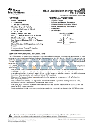 LP2985A-30DBVRG4 datasheet - 150-mA LOW-NOISE LOW-DROPOUT REGULATOR WITH SHUTDOWN