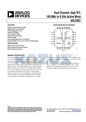 ADL5802-EVALZ datasheet - Dual Channel, High IP3, 100 MHz to 6 GHz Active Mixer