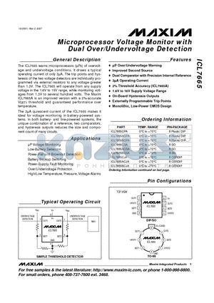 ICL7665CTV datasheet - Microprocessor Voltage Monitor with