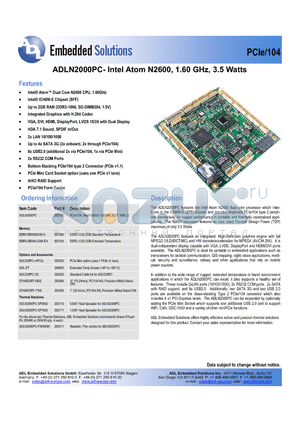 ADLN2000PC datasheet - Intel Atom N2600, 1.60 GHz, 3.5 Watts