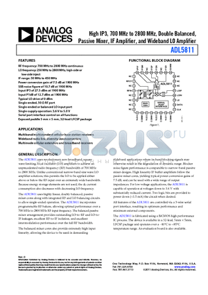 ADL5811 datasheet - High IP3, 700 MHz to 2800 MHz, Double Balanced, Passive Mixer, IF Amplifier, and Wideband LO Amplifier