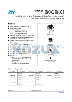 M93C86_10 datasheet - 16 Kbit, 8 Kbit, 4 Kbit, 2 Kbit and 1 Kbit (8-bit or 16-bit wide)