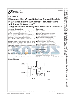 LP2985AIM5-2.0 datasheet - Micropower 150 mA Low-Noise Low-Dropout Regulator in SOT-23 and micro SMD packages for Applications